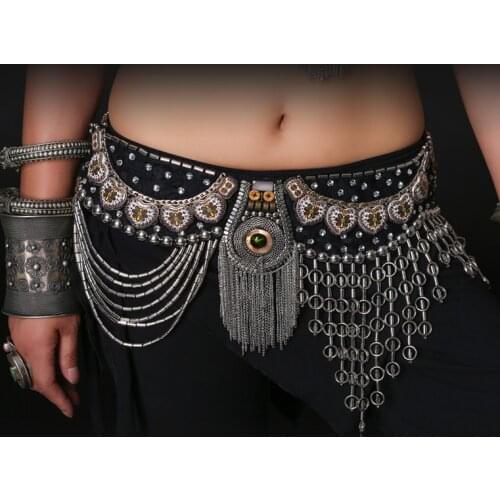 Professional Belly Dance Tribal Waist Belt 80/90cm Adjustable Fit Antique Bronze Beads Metal Chain Belt for Tribal Belly Dance