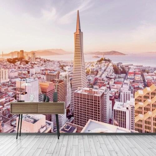 Custom Self-Adhesive Wallpaper Modern Hand-painted Architecture City Pink Sky Landscape Photo Murals Living Room Bedroom Sticker