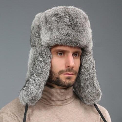 Rabbit Hair Trapper Hat Mens Winter Fur Hat Thickened Cold Outdoor Warm Earflaps Cotton Padded Middle-aged People