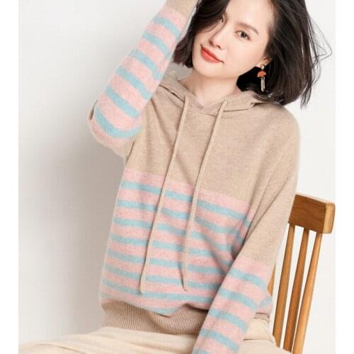 Wool pullover womens loose hooded striped color matching knit bottoming shirt fashionable casual outer wear sweater