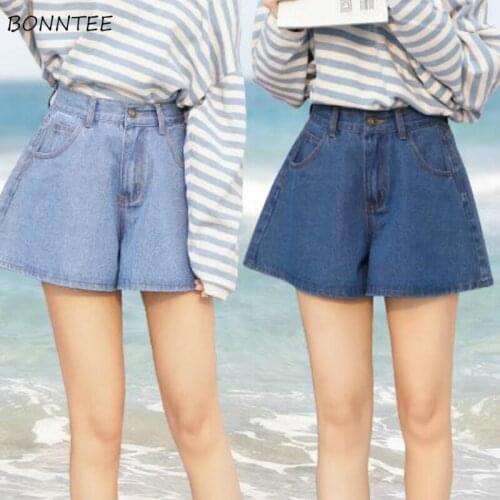 Shorts Women Summer Hot Solid Blue All-match Ulzzang Wide Leg High Waist Simple Female Short Skirts Button New Design Large Size