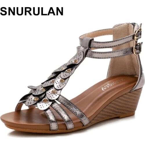 SNURULAN Women 's new wedge sandals style restoring ancient ways is comfortable non-slip Roman shoes Bohemian Women sandals