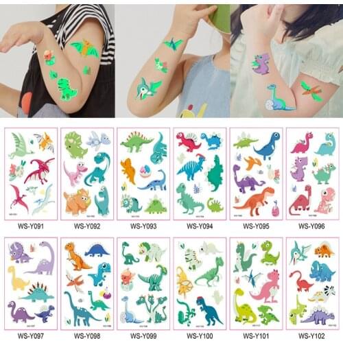 Luminous Dinosaur Tattoo Sticker Children Arm Face Body Art Glowing Waterproof Non-toxic Tattoo Pirate Mermaid Cartoon Sticker