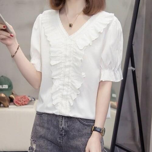 Nkandby Summer Plus Size Women`s Tops Fashion Ruffles Short Sleeve Blouses Curv Korean Solid Color V-neck Loose Shirts Female