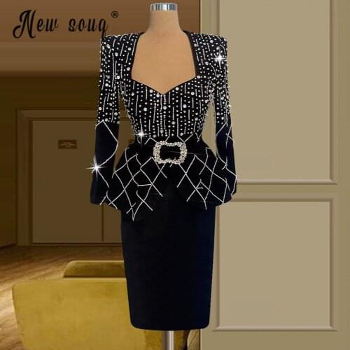 Vintage Black Long Sleeve Evening Dress Elegant Mother Of Bride Knee Length Prom Party Gown Beads Vestido Madre Novia Plus Size