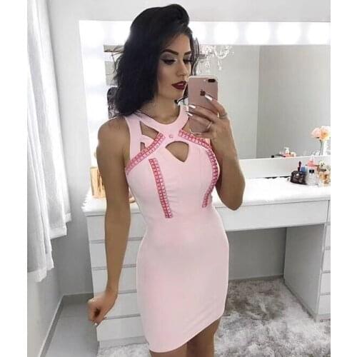High Quality Women Handmade Beaded Bandage Dress New Style Fashion Pink Sleeveless Hollow Out Sexy Evening Party Dress Vestido