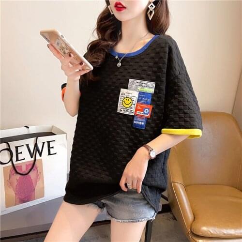 New Large Size Women Summer Length Contrast color T-shirt Half Sleeve loose Comfortable T-shirt Fashion Summer Short Sleeves