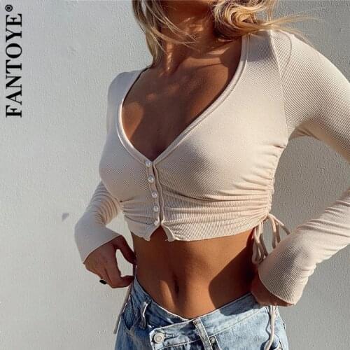 Fantoye Deep V-neck Drawstring Basic T Shirts Women White Rib Knitted Single Breasted Crop Tops Women Summer Slim Streetwear Top