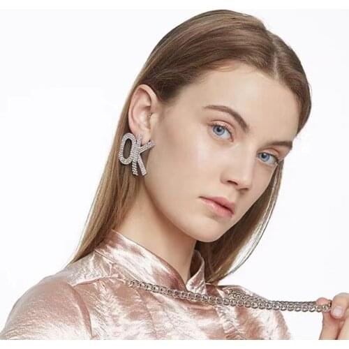 New Arrival Shiny Rhinestone Letters OK Charms Dangle Earrings For Women Jewelry Trendy Maxi Statement Earrings Accessories
