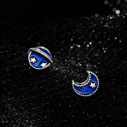 925 Sterling Silver Planet Moon Star Stud Earrings For Women Female Wedding Fashion Jewelry Accessories A187
