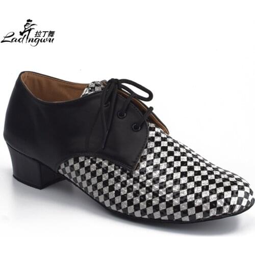 Ladingwu Modern Mens Ballroom Dance Shoes Rhombus pattern PU and Microfiber Synthetic Leather Latin Dance Shoes Men Heel 2.5cm