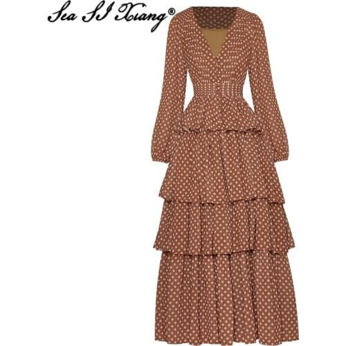 Seasixiang Fashion Designer Early Autumn Dress Women V-Neck Lantern Sleeve Ruffles Dot Print Long Dresses