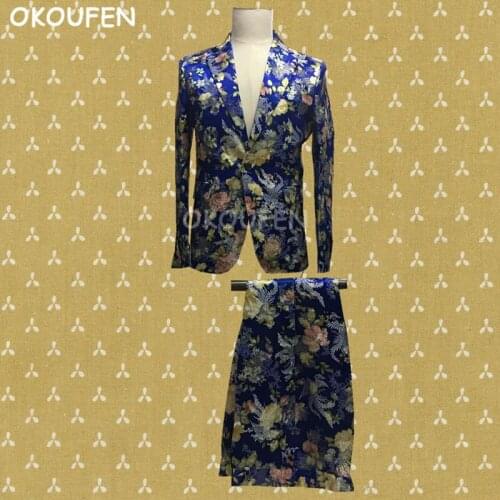 Star Style DS Flower Tide Costume Suit Man Fashion Embroidered Robe Printed Suits nightclub Male singer DJ stage performance