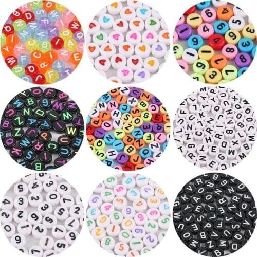 100pcs Random Mixed Letter Digital Acrylic Beads Colorful Heart Flat Round Square Loose Beads For Jewelry Making DIY Bracelets