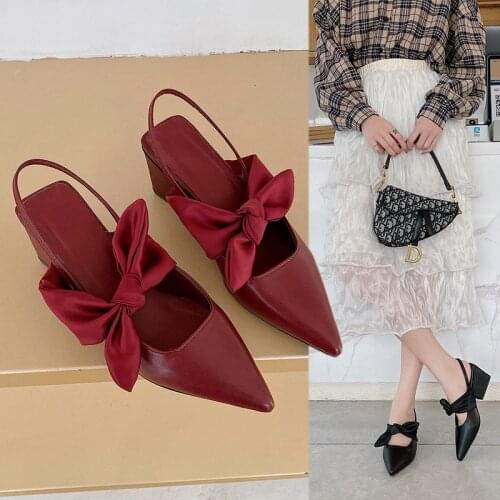 New Spring Summer Slingbacks Shoes Sandals Womens Office Shoes Shallow Fashion Pumps Bowtie Sweet Style Wine Red Pumps