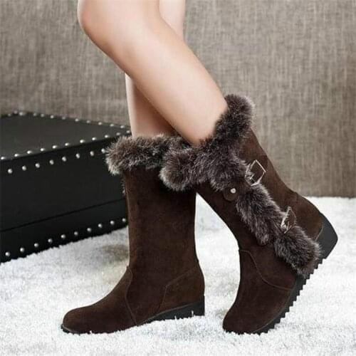 Brown New Winter Women Casual Warm Fur Mid-Calf Boots Shoes Women Slip-On Round Toe Flats Snow Boots Shoes Muje Plus Size 35-42