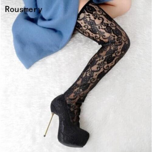 Black Platform Shoes Round Toe Over The Knee Boots Summer Sexy Lace Thigh High Boots High Heels Booties Chaussure Femme Botas
