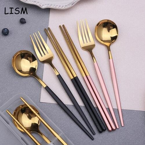 European Stainless Steel Chopsticks Spoon Fork Set Long Handle Non-Slip Chopsticks Dessert Spoons Tableware Set With Gift Box