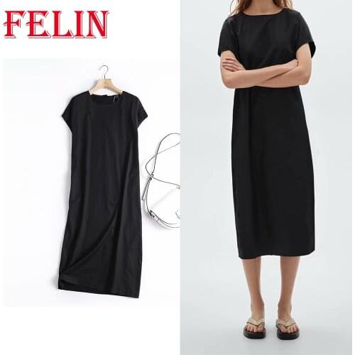 FELIN Women Za New Black Solid Dress O-Neck Short Sleeve Comfortable Mid Dress Cotton Summer 2021 Elegant Mujer MD Vestidos