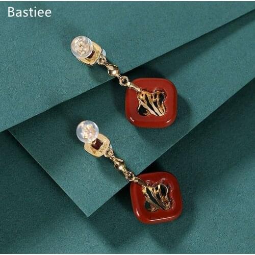 Bastiee Geometric Korean Earrings Earrings Silver 925 Jewelry For Women Red Agate Golden Plated Long Earrings Vintage