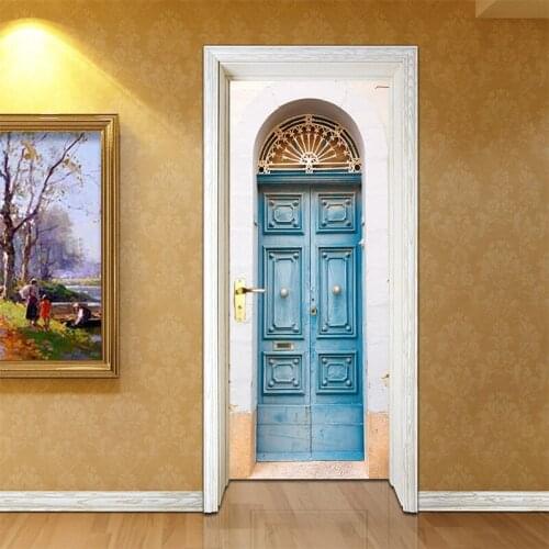 Hot Sales 3D Creative Door Sticker Wallpaper Blue Iron Gate Wall Stickers DIY Mural Poster PVC Waterproof Bedroom Home Decor