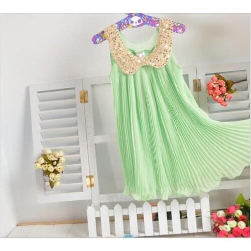 Hot sale! 6 colors Summer Girls Pleated Chiffon One-Piece Dress With Paillette Collar Children Colthes For Kids Baby, Pink/Green
