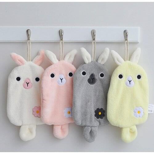Cartoon Soft Cute Embroidered Rabbit Coral Fleece Kitchen Hanging Absorbent Thicken Household Hand Towel