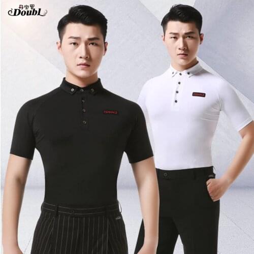 Doubl Dance Practice Ballroom Standard Modern Tops Adult New latin dance costumes Men Short Sleeve Button T Shirt White Black