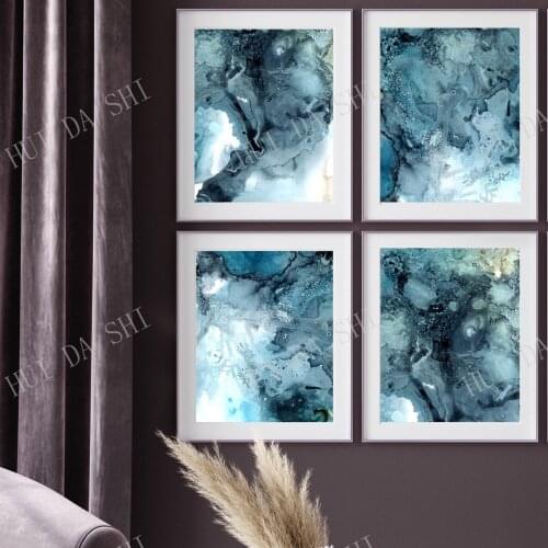 Sea Abstract Set of 4 Art Prints Gallery Wall, Sea Waves Painting Teal Colors Abstract Modern Prints Wall Set, Abstract Wall Set