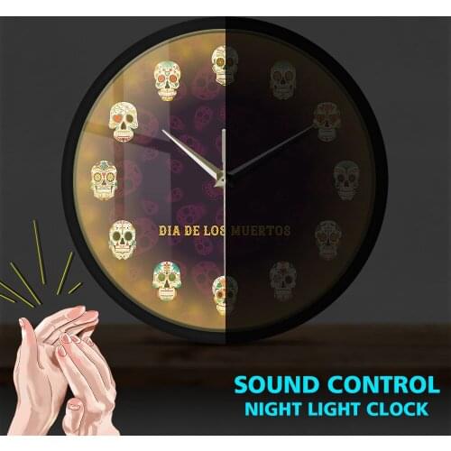 Mexican Skull Sound Control Smart Wall Clock Flowered Dead Head LED Light Flowering Crossbones Human Tattoo Dia De Los Watch