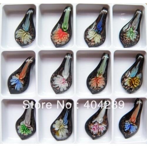 Wholesale 12pcs 3D Flower Murano Lampwork Glass Beaded Pendant Necklace