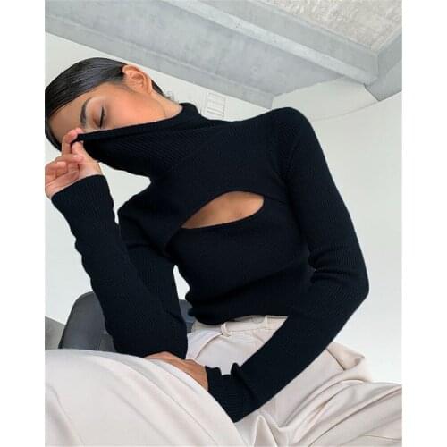 Autumn Winter Ribber Knitted Turtleneck Top Women Hollow Out Casual Long Sleeve T Shirt Womens turtleneck Skinny Slim Clothing