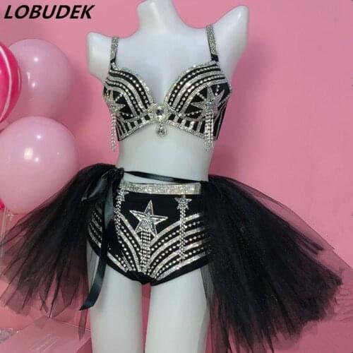Luxury Rhinestone Star Bra High-waist Shorts Skirt Bikini Set Stage Models Catwalk Show Performance Clothes Night Club Costume