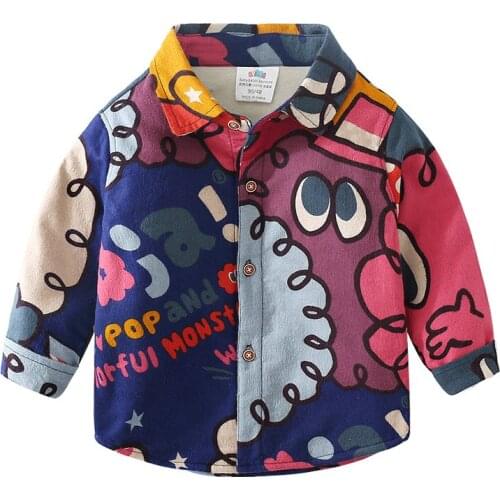 Poly pattern shirt 2020 winter new boy childrens clothing children plus velvet padded shirt