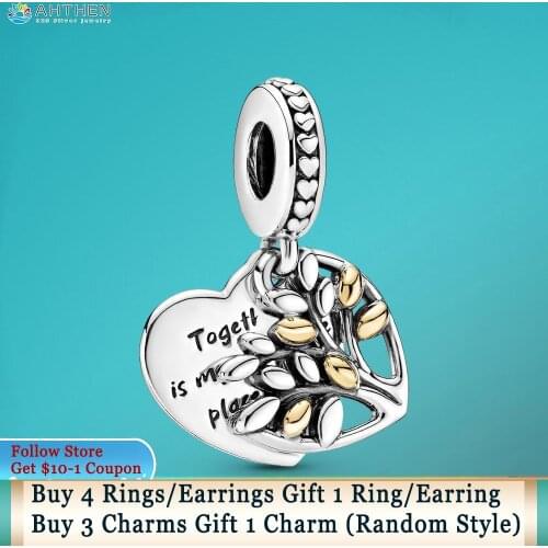 Ahthen 925 Sterling Silver Bead Two-tone Family Tree Heart Dangle Charm fit Original Pandora Bracelet Women Jewelry Making Gift