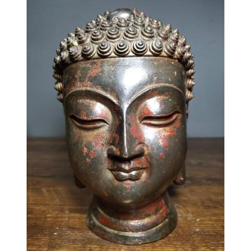 8"Tibet Buddhism Temple Old Bronze Cinnabars Shakyamuni Buddha Head Buddha Statue Purdue all beings Enshrine the Buddha
