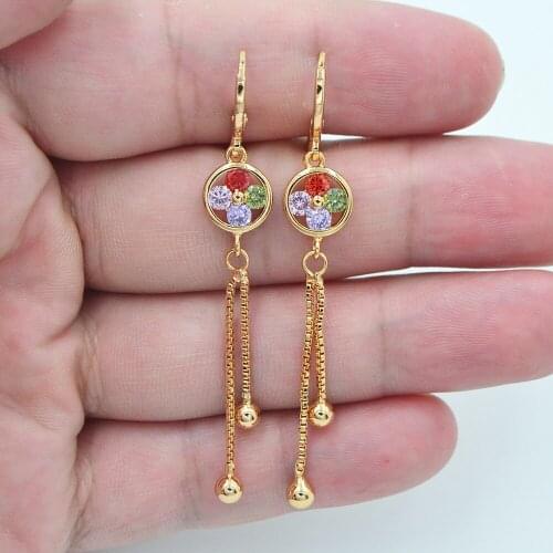 Gold Color AAA+ Cubic Zirconia Women Fashion Colorful CZ Tassel Dangle Earrings Jewelry