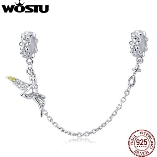 WOSTU 925 Sterling Silver Safety Chain Elf Fairy Angel Charms Fit Original Bracelet & Bangle For Women Wedding Jewelry CQC1278
