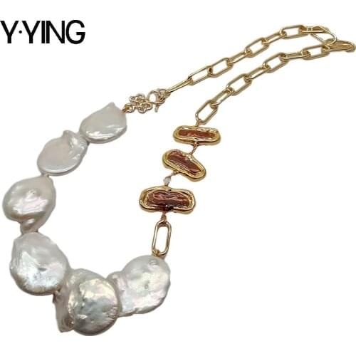 Y·YING natural Cultured White Coin Pearl Brown Biwa freshwater Pearl gold color plated Chain choker Necklace 23" for women