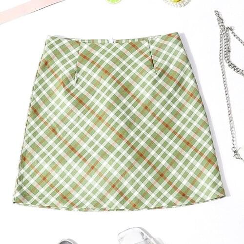 Streetwear Tartan Green Womens Short Skirt Retro Sexy Skirt High Waist a Line Skirts Vintage Slim Skirts Harajuku Korean Skirt