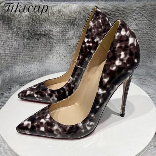 Tikicup Women Black Printed Patent Pointy Toe High Heel Fashion Designer Party Dress Shoes Chic Ladies Slip On Stiletto Pumps