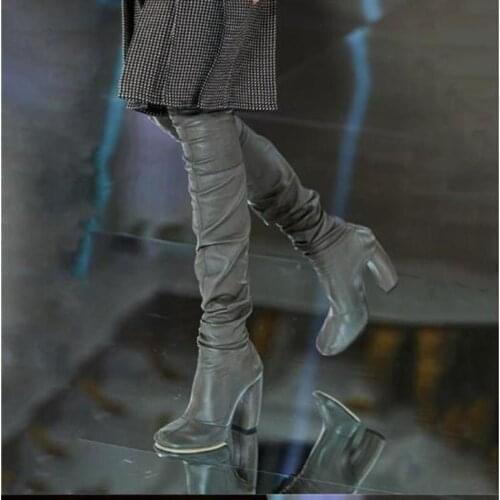 Square Heel Over-the-knee Womens Boots Runway Show Round Toe Woman Long Boots Rome Style Soft Leather Elasticity Ladies Shoes