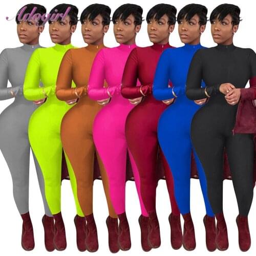 Fitness Neon Color Zipper Up Long Sleeve Soprtwear Skinny Jumpsuit Women Sexy V Neck Bandage Night Party Outfit Rompers Overalls