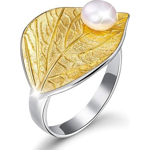 Lotus Fun Pearl Leaf Ring Fine Jewelry Creative Designer Open Rings for Women Bijoux Gemstones Fine Jewelry Adjustable