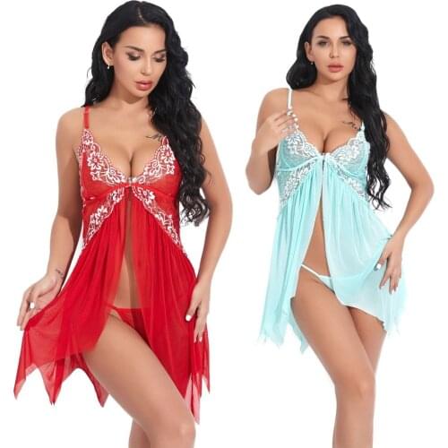 Women Sexy Lingerie Underwear Erotic Dress See-through Lace Pajamas Sleepwear Nightdress + Thong Sexy Costumes Sex Dress