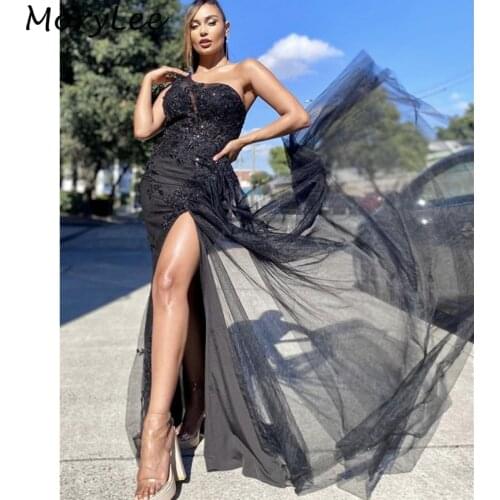Mermaid Evening Dresses 2021 One Shoulder Side Slit Tulle Lace Crystal Evening Dresses Zipper Back vestidos de fiesta de noche
