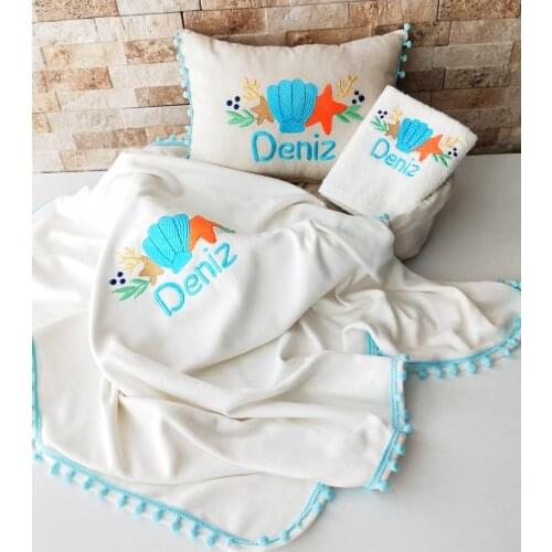 Jaju Baby Sea Shell And Name Embroidered Baby Pillow Set