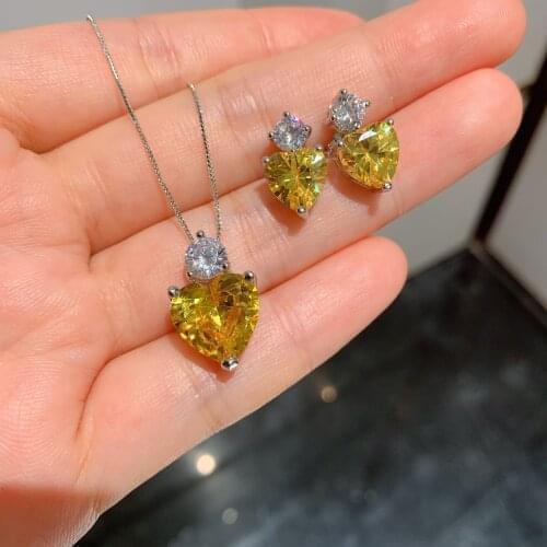 Luxury Heart 100% 925 Sterling Silver Quartz Citrine Emerald Gemstone Earrings Pendant Necklace Jewelry Sets Drop Shipping