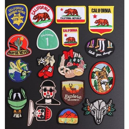 Fine Skull Fox Cat Iron On Patches On Clothes Embroideried Patches For Clothing California Bear Badges Applique Patch Decor