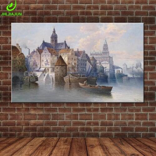 Boat dock Printing European Architecture Castle Landscape Canvas Wall Art Canvas Pictures For Living Room Home Decor Poster